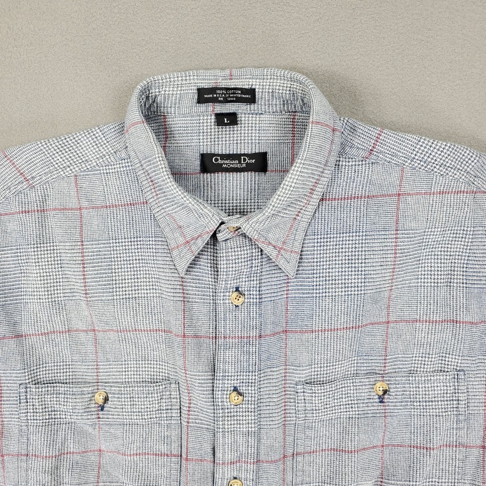 Vintage Christian Dior‎ Plaid Flannel Size Large Gray Grid Cotton USA Made